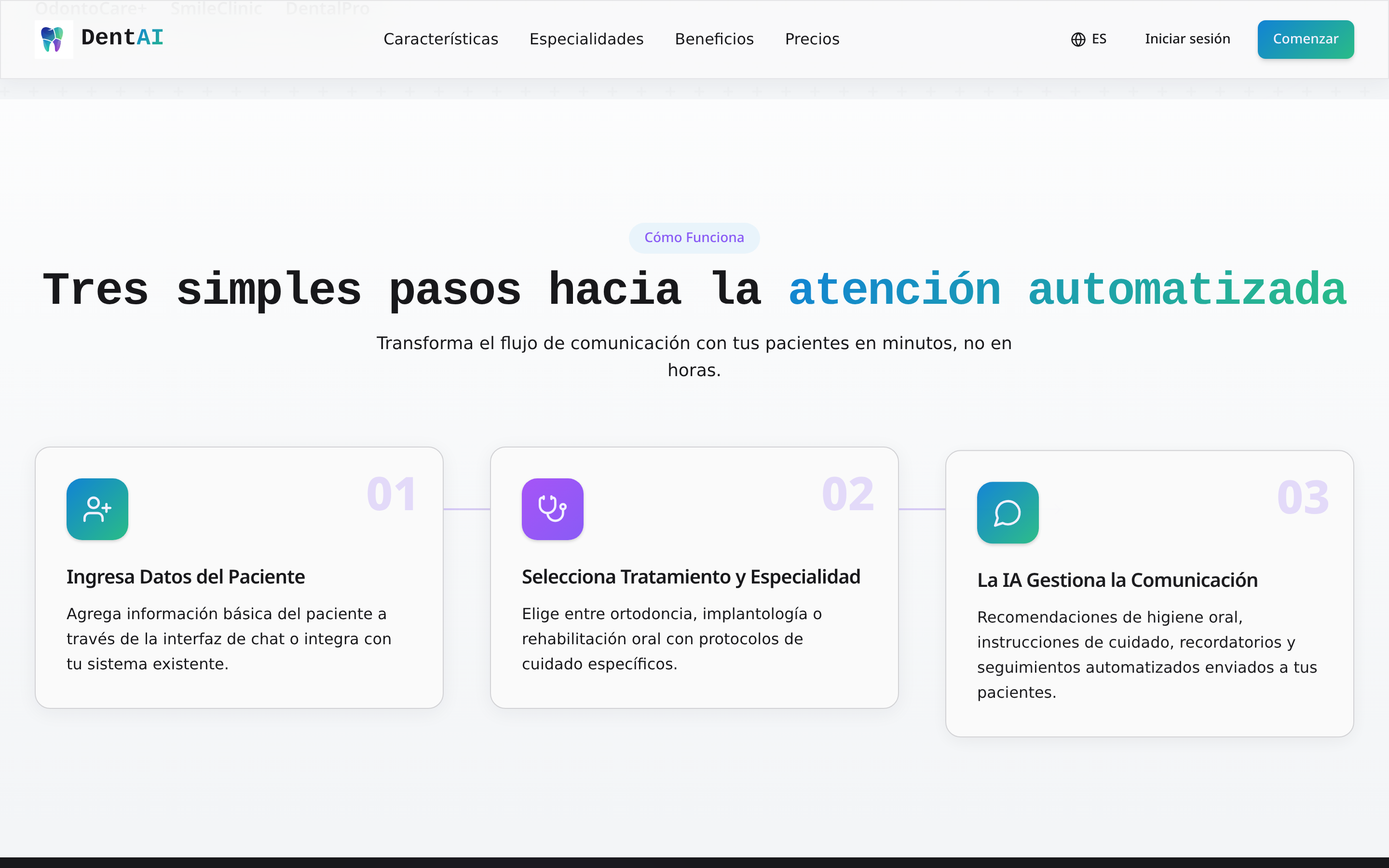 DentAI — Flujo · Tres pasos hacia la atención automatizada